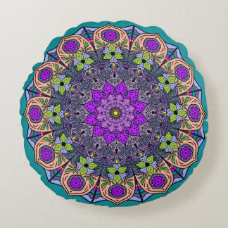 Mandala Violet Peach Salmon Pink Green Round Cushion
