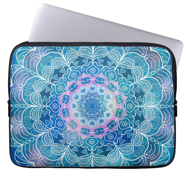 Mandala White Outline blue Watercolor -  Laptop Sleeve (Front)