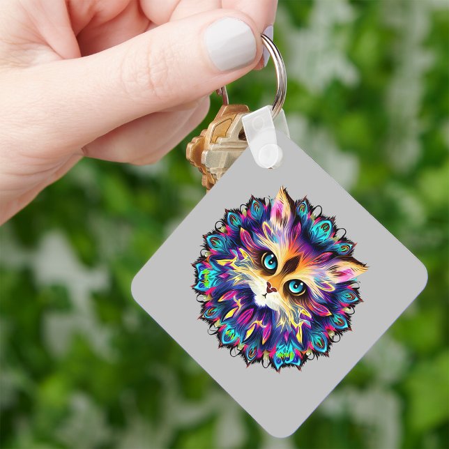 Mandala with cute furry Cat portrait  Key Ring (Mandala with cute furry Cat portrait. Keychain)
