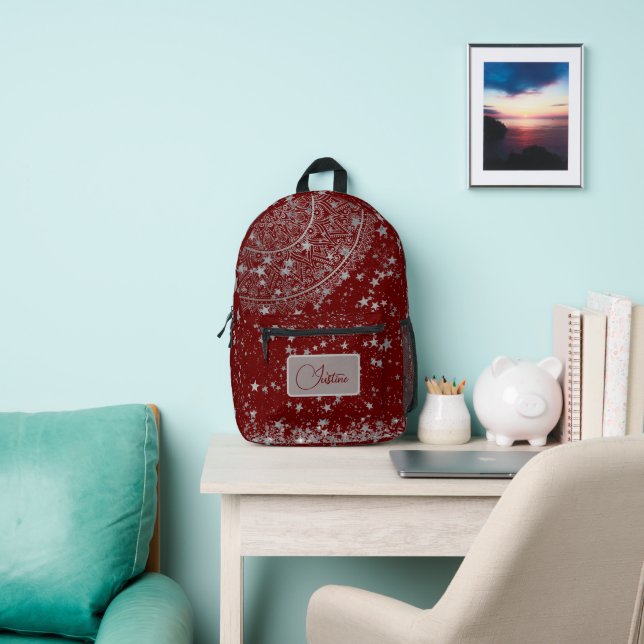  Mandala with Silver Stars on Red Persononalized Printed Backpack (Insitu)