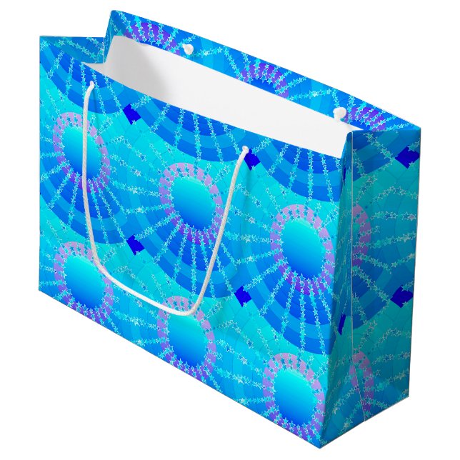 Mandala with Stars - turquoise satin gradient Large Gift Bag (Front Angled)