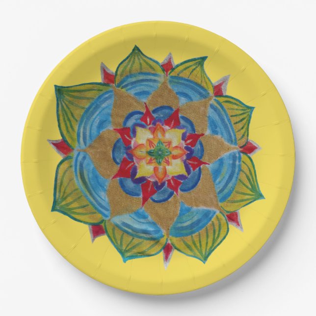 Mandala  Yellow Gold colofrul Zen  Paper Plates (Front)