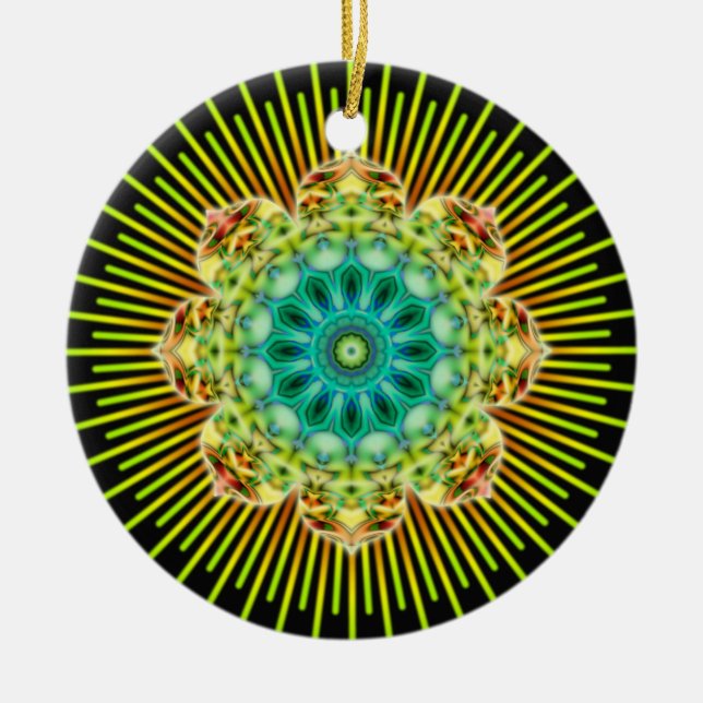 Mandala yellow green | black ceramic tree decoration (Front)