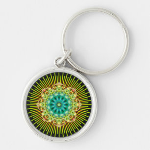 Mandala yellow green   black key ring