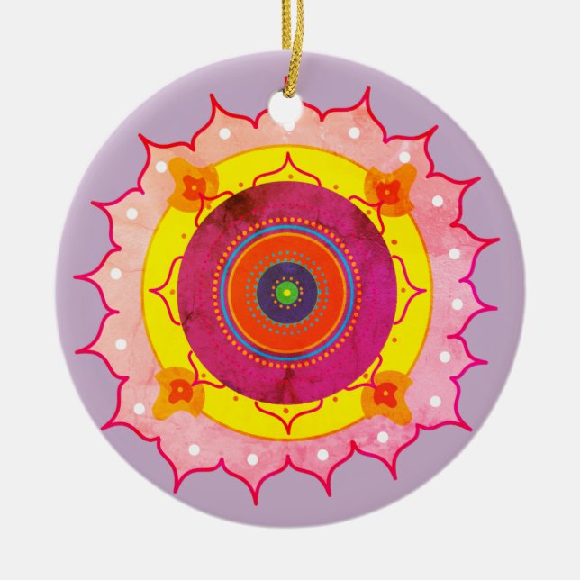 Mandala Yellow Pink Ceramic Tree Decoration (Front)
