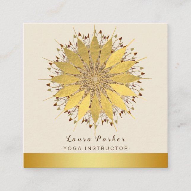 Mandala Yoga Instructor Classic  Lotus Floral Gold Square Business Card (Front)