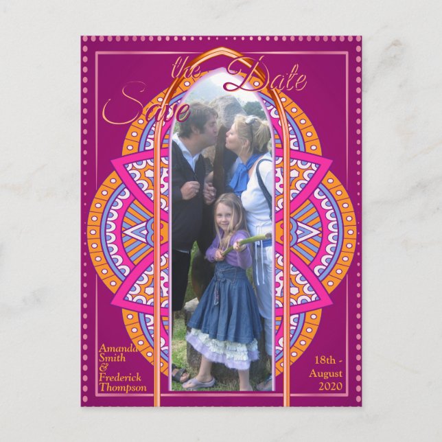 Mandalas in Cerise Pink, Blue & Orange Announcement Postcard (Front)