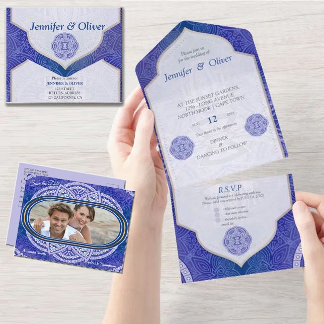 Mandalas in Mix Blue & Navy background Invitation (Mandalas in mixed Dutch blue repeat patterns )