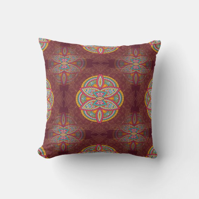 Mandalas in mixed Maroon repeat patterns Cushion (Front)