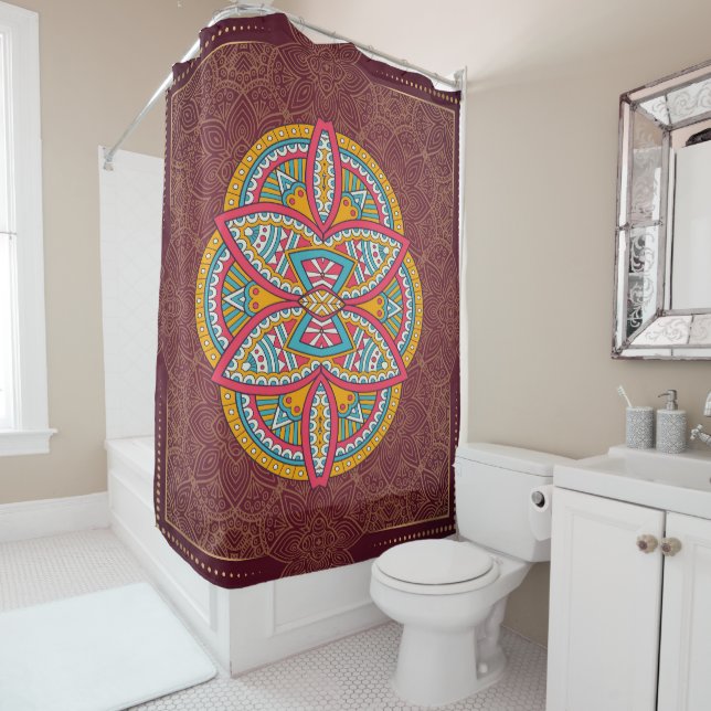 Mandalas in mixed Maroon repeat patterns Shower Curtain (In Situ)