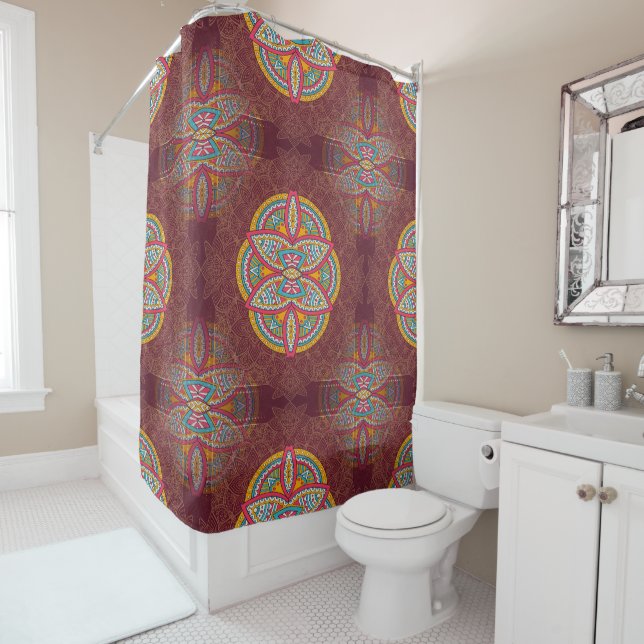 Mandalas in mixed Maroon repeat patterns Shower Curtain (In Situ)