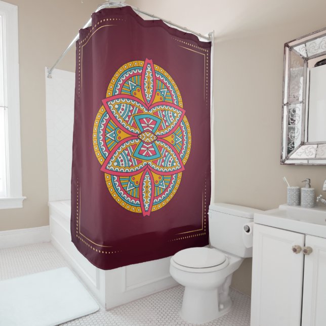 Mandalas in mixed Maroon repeat patterns Shower Curtain (In Situ)