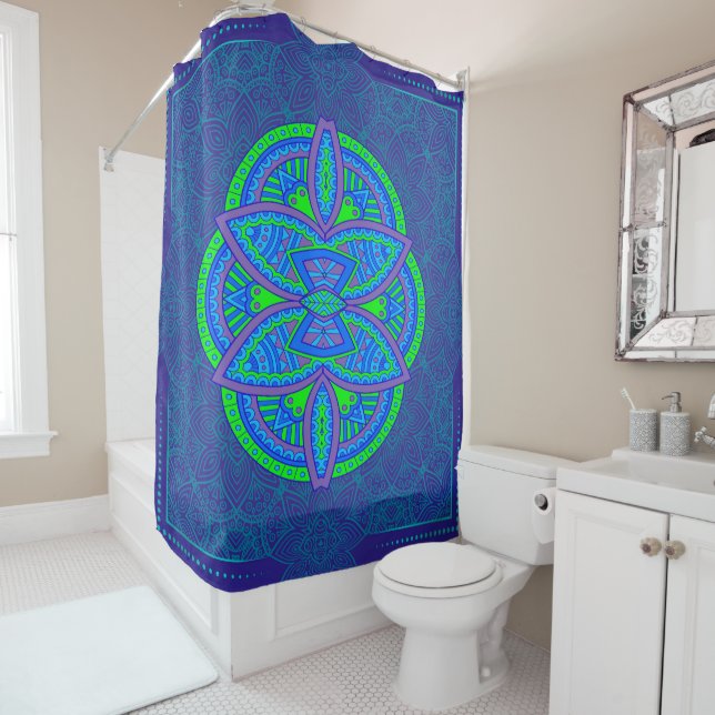 Mandalas in mixed Navy Blue repeat patterns Shower Curtain (In Situ)