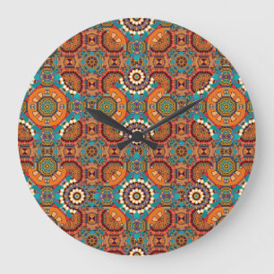 Mandalas Kaleidoscope: Brown Blue Orange. Large Clock