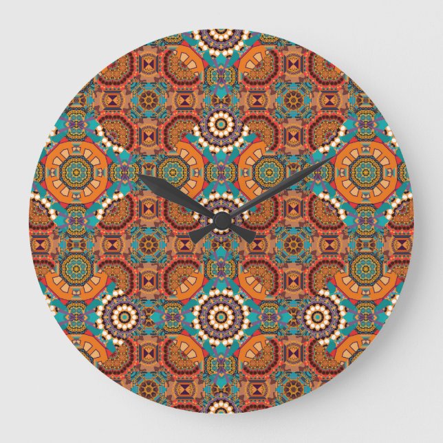 Mandalas Kaleidoscope: Brown Blue Orange. Large Clock (Front)