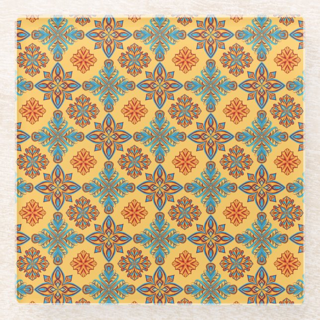 Mandalas on amber yellow glass coaster (Front)