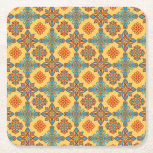 Mandalas on amber yellow square paper coaster