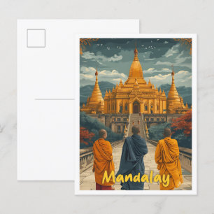 Mandalay Myanmar Vintage Art Travel Illustration Postcard