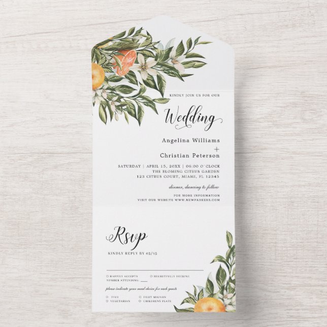 Mandarin Blooming Citrus | Greenery Wedding  All In One Invitation (Inside)