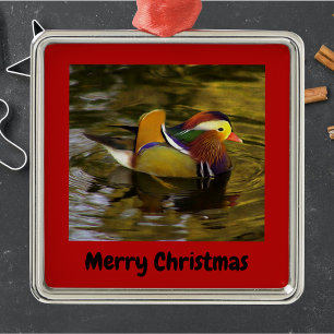 Mandarin Duck Merry Christmas Red Framed Metal Tree Decoration