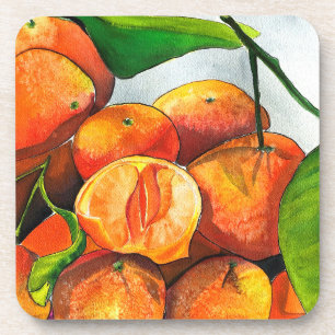 Mandarin orange watercolor fruit art coaster