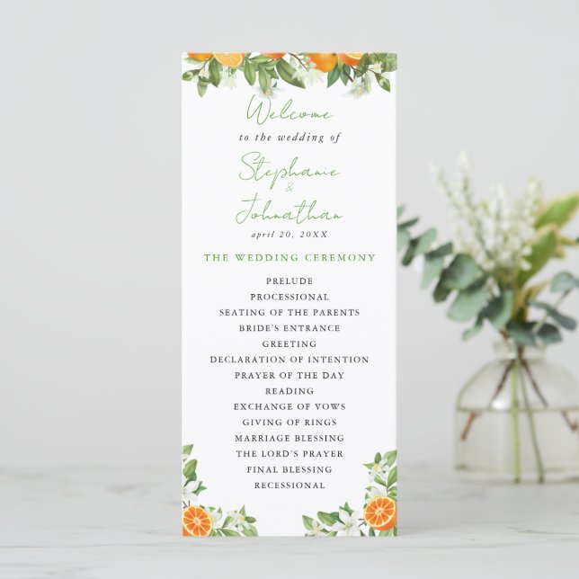 Mandarin Orange Watercolor Wedding Program Menu (Standing Front)