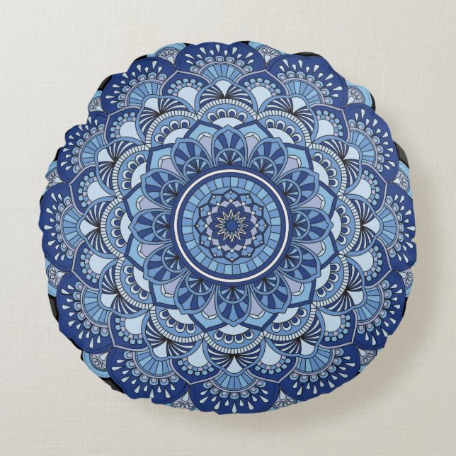 Mandela Flower Blue Round Cushion (Front)