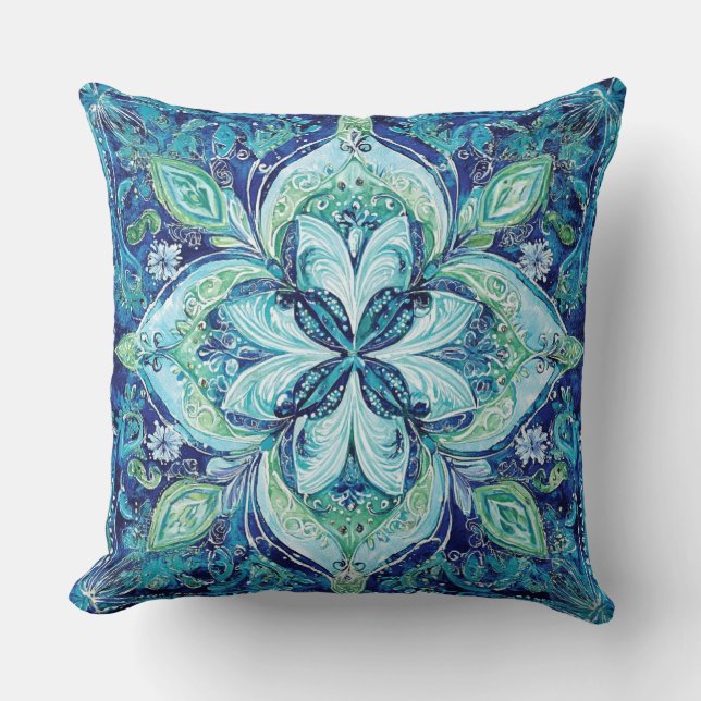 Mandela Navy Blue Emerald Green Bohemian Pattern  Cushion (Front)