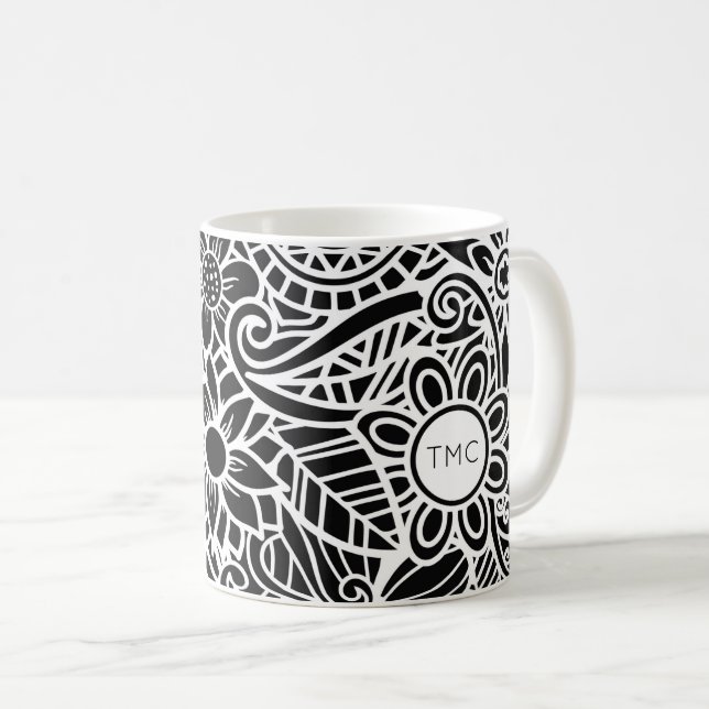 Mandela Tropical Floral INITIALS Black White Fun Coffee Mug (Front Right)