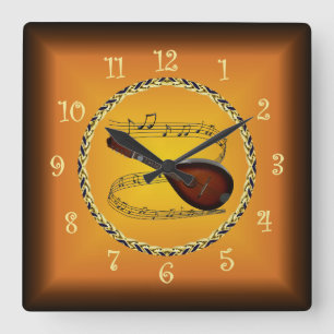 Mandolin 01 On Musical Scroll & Russet Orange ~ Square Wall Clock