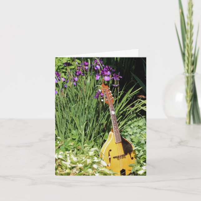 Mandolin And Irises Flower Garden  Note Card (Front)