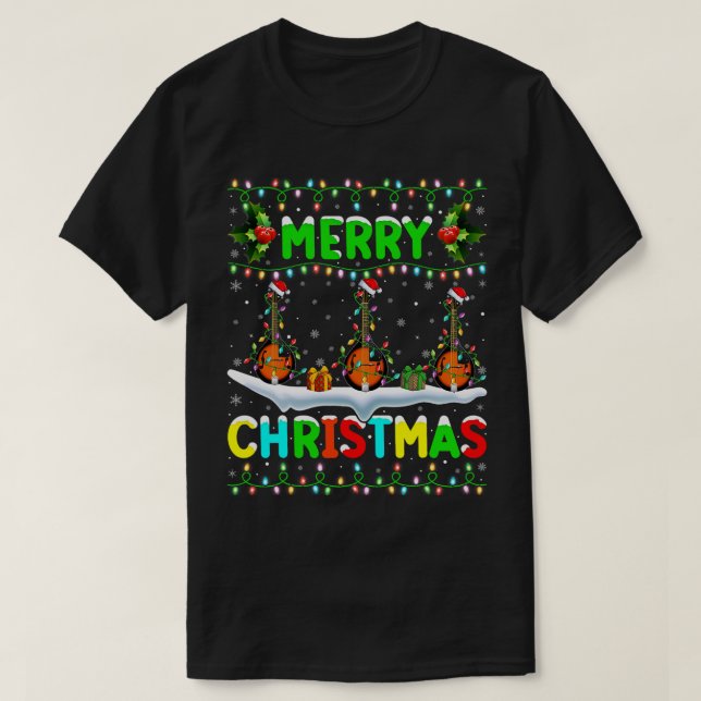 Mandolin Lover Xmas Mandolin Lighting Santa Hat Me T-Shirt (Design Front)