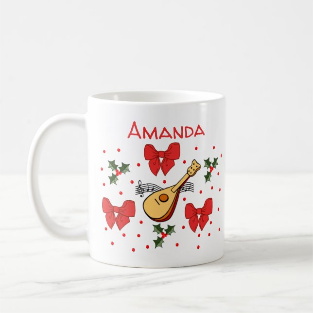 Mandolin Red Bows Holly Leaves Pattern Customise Coffee Mug (Left)