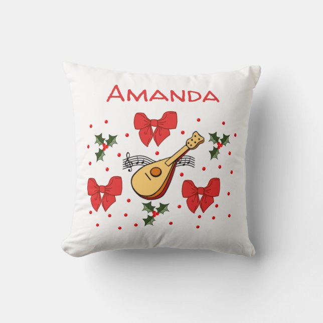 Mandolin Red Bows Holly Leaves Pattern Customise  Cushion (Front)