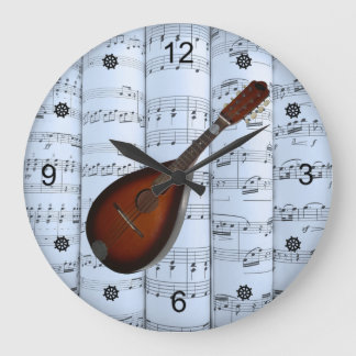 Mandolin~Rolled Sheet Music~Blue Tint Background ~ Large Clock