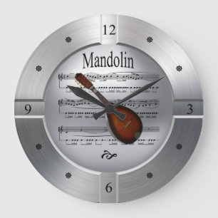 Mandolin ~ Sheet Music ~ Brushed Silver Colour ~ Large Clock
