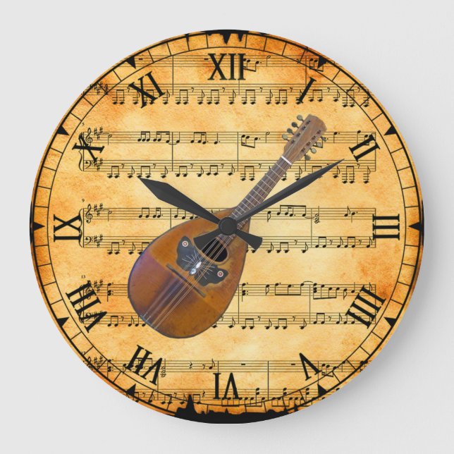 Mandolin ~ Vintage Sheet Music Background ~ Unique Large Clock (Front)