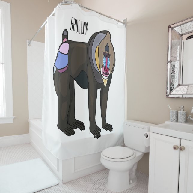 Mandrill cartoon illustration shower curtain (In Situ)