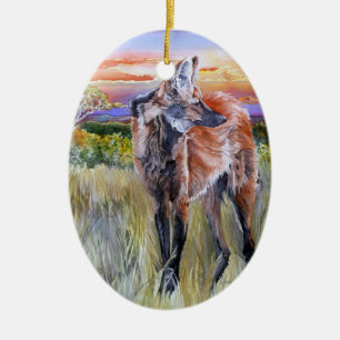 Maned Wolf Watercolor Art Ceramic Tree Decoration