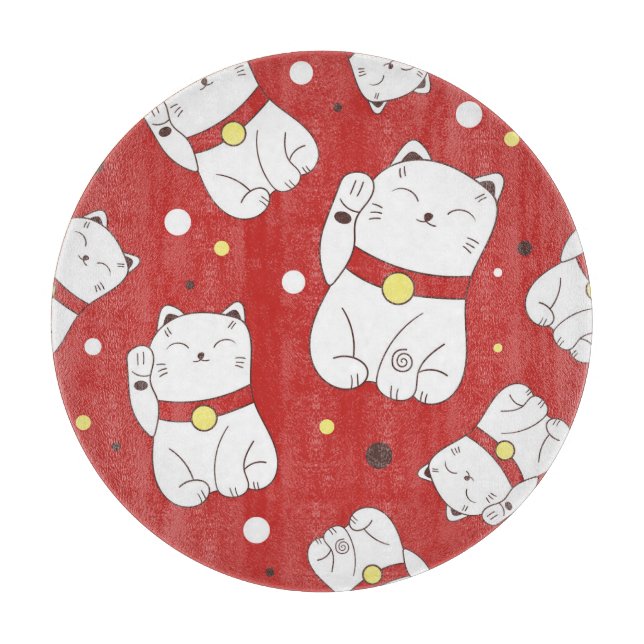 Maneki-Neko cat, Japanese doodle pattern. Cutting Board (Front)