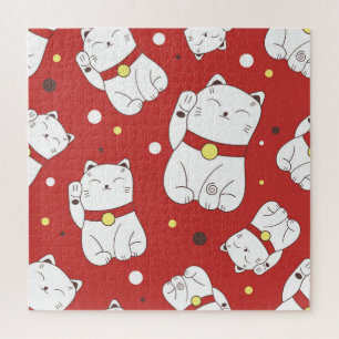 Maneki-Neko cat, Japanese doodle pattern. Jigsaw Puzzle