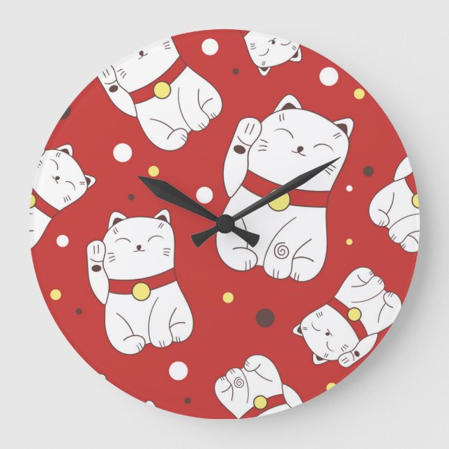 Maneki-Neko cat, Japanese doodle pattern. Large Clock (Front)