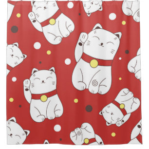 Maneki-Neko cat, Japanese doodle pattern. Shower Curtain