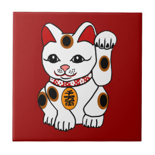 Maneki Neko Cat on Red Background Tile