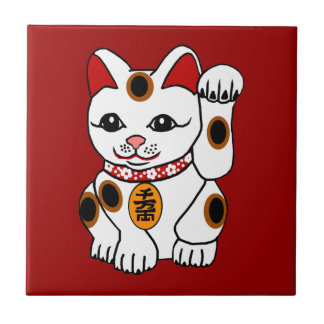 Maneki Neko Cat on Red Background Tile