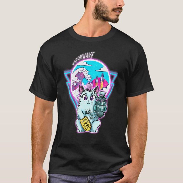 Maneki-Neko Cyberpunk Cat With Vapour Wave Style T-Shirt (Front)