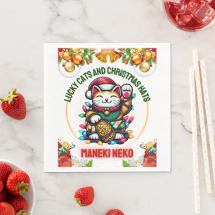 Maneki Neko Japanese Cat Lucky Charm Christmas Hat Napkin