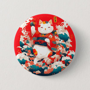 Maneki-Neko, Japanese Lucky Cat 6 Cm Round Badge