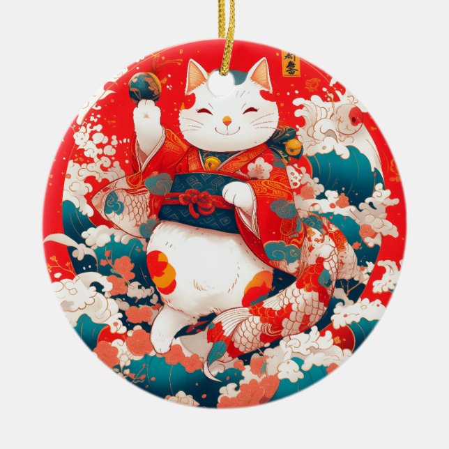 Maneki-Neko, Japanese Lucky Cat Ceramic Tree Decoration (Front)