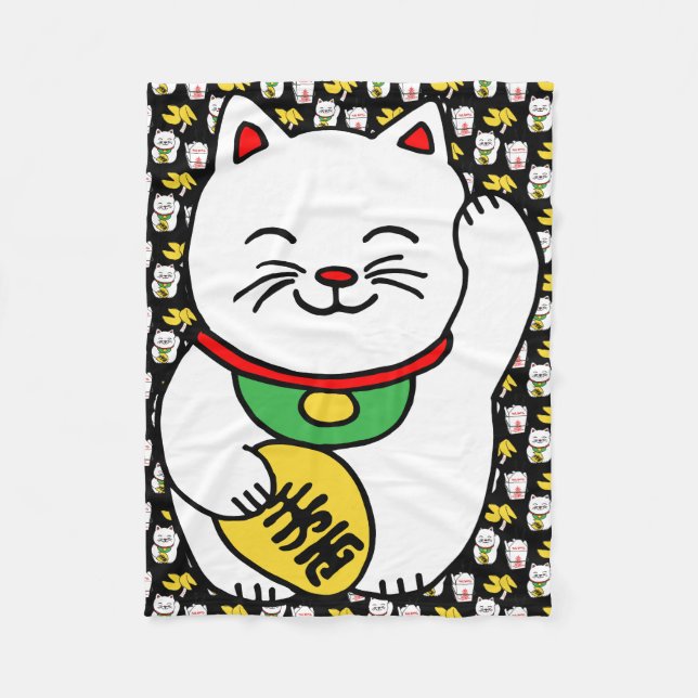 Maneki Neko Japanese Lucky Cat Good Fortune Cookie Fleece Blanket (Front)